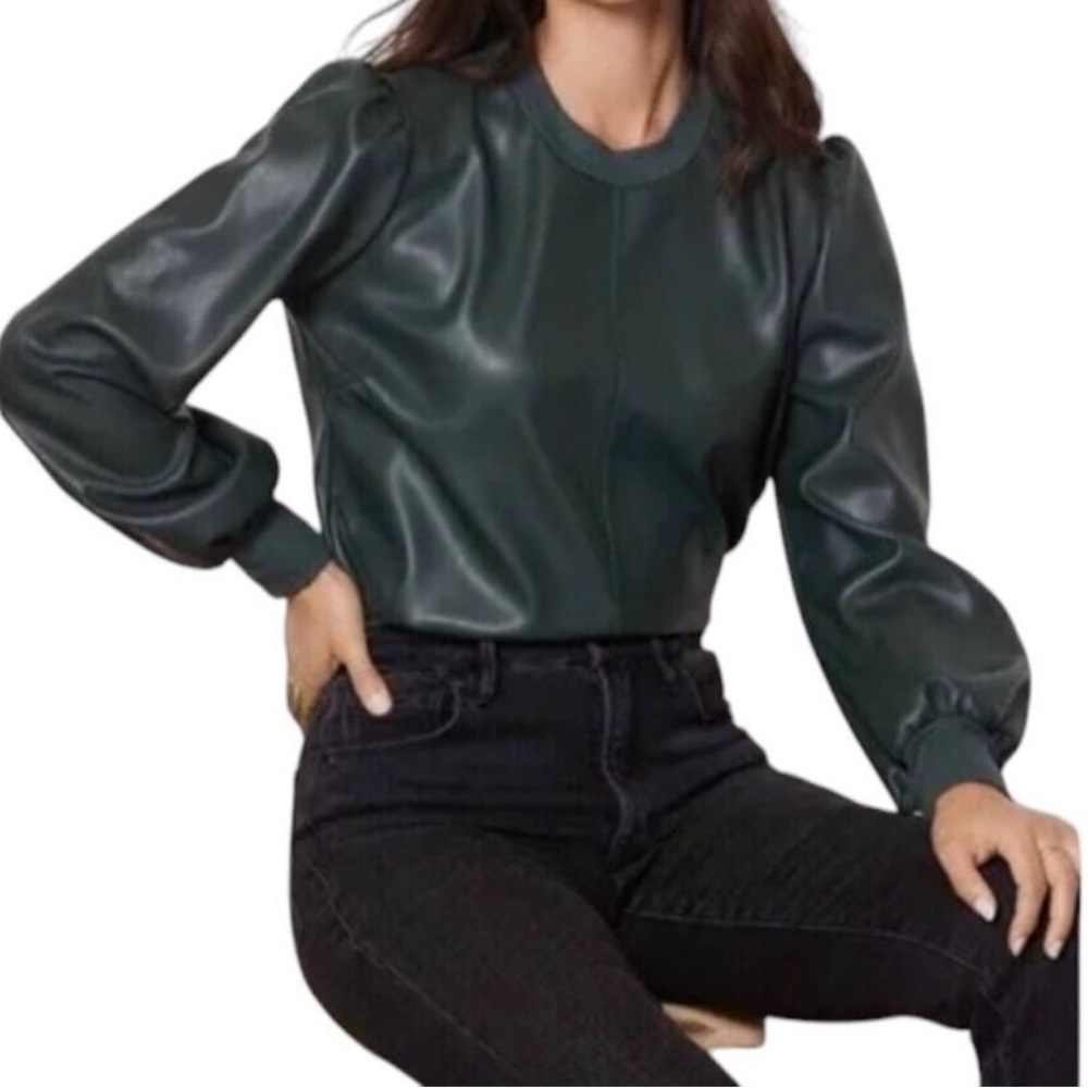 LA Made Dark Green Faux Leather Puff Sleeve Top